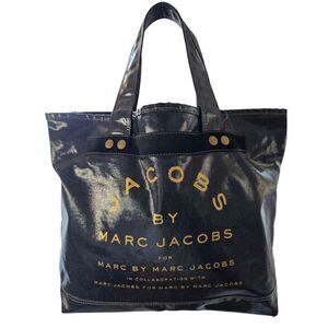 Marc Jacobs Coated Denim Canvas Collaboration Logo Tote Bag Black Gold Rare XL